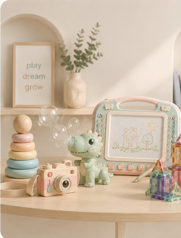 Joy Toyz toys arranged in a warm pastel playroom